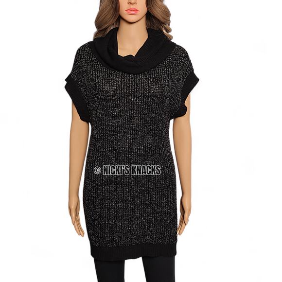 Nine West Lurex Sweater Dress Y2K Black Gold Cowl Neck Sparkle Party Mini Size S - Picture 2 of 11